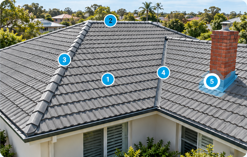 Tile roof with five numbered detail markers